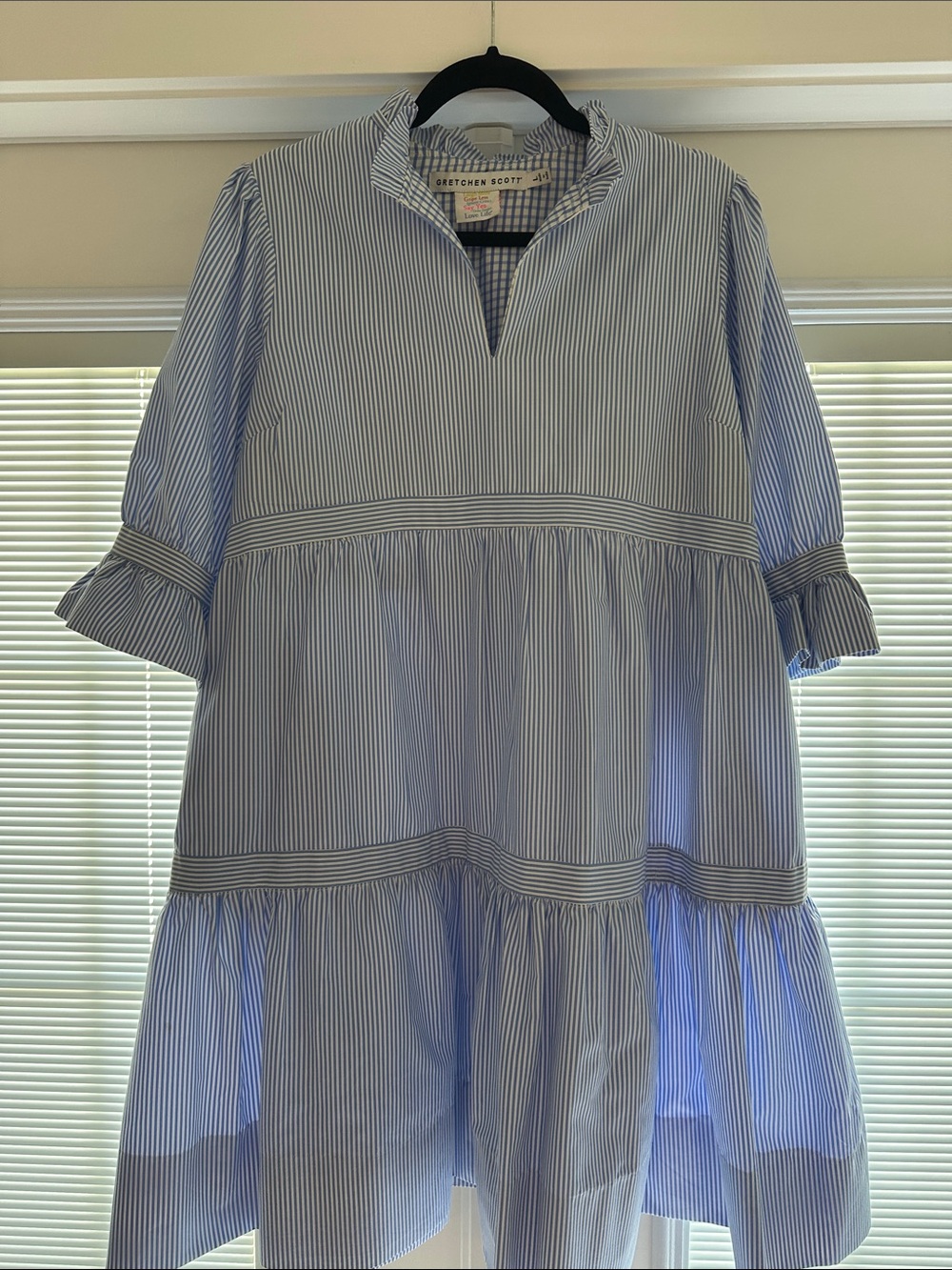 Gretchen Scott Designs Light Blue and White Striped Tiered Dress